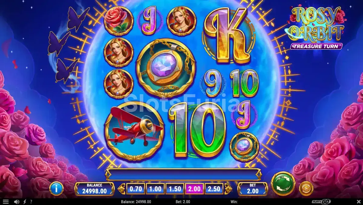Pantalla principal de Rosy Orbit Treasure Turn con símbolos y luna llena
