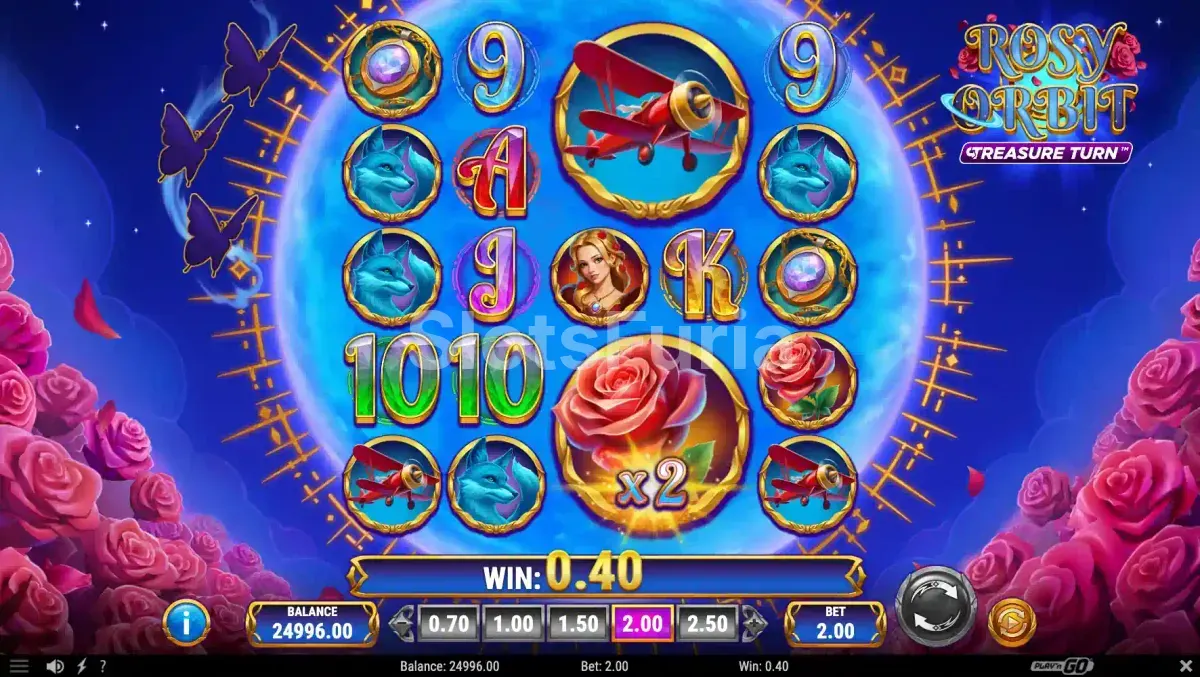 Segunda vista del juego base de Rosy Orbit Treasure Turn con símbolos especiales