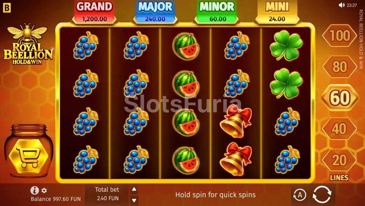 Pantalla principal del juego Royal Beellion con sus 5 carretes y 4 líneas