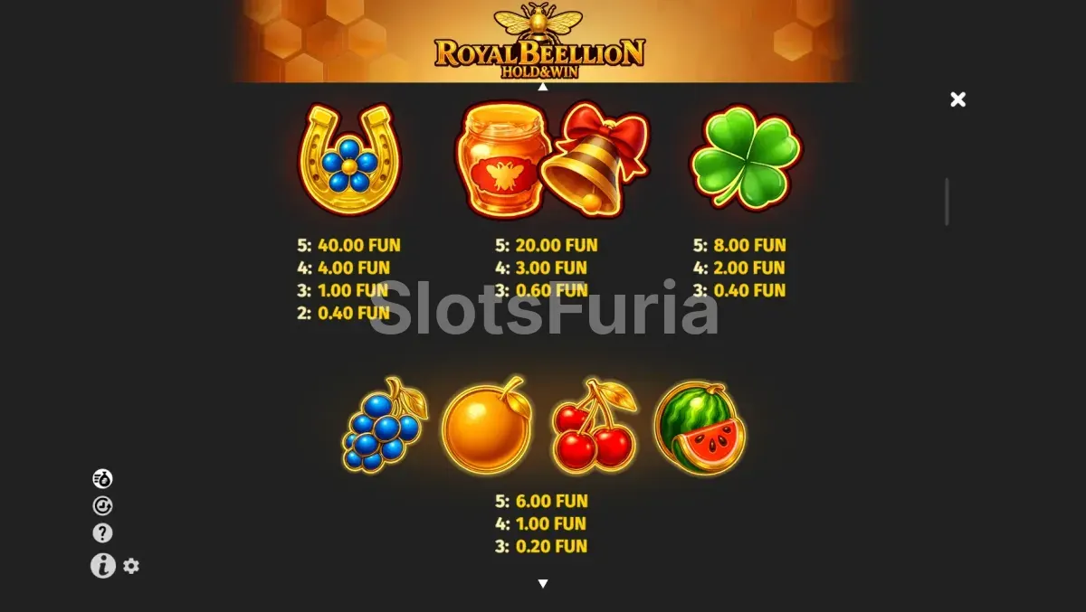 Tabla de pagos de Royal Beellion mostrando símbolos y multiplicadores