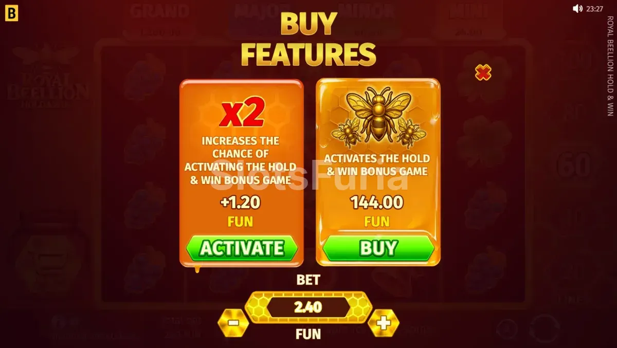 Pantalla de compra de bonos en Royal Beellion de BGaming