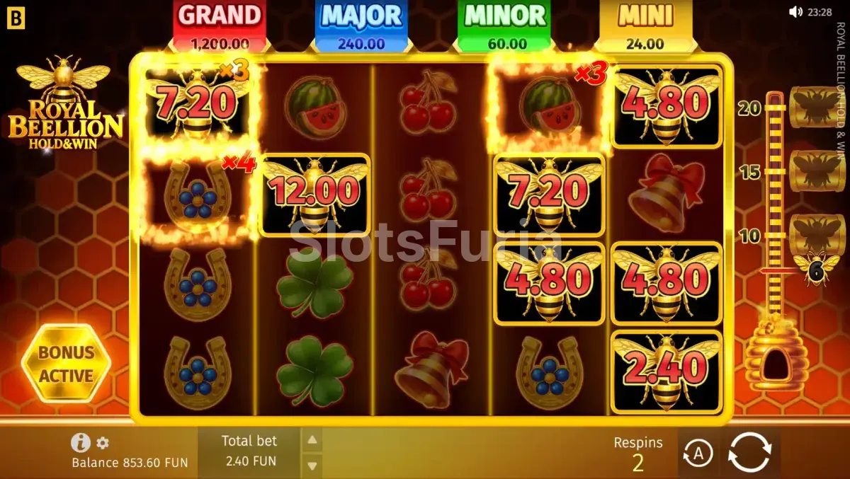 Ronda de giros gratuitos activa en Royal Beellion con multiplicadores en pantalla