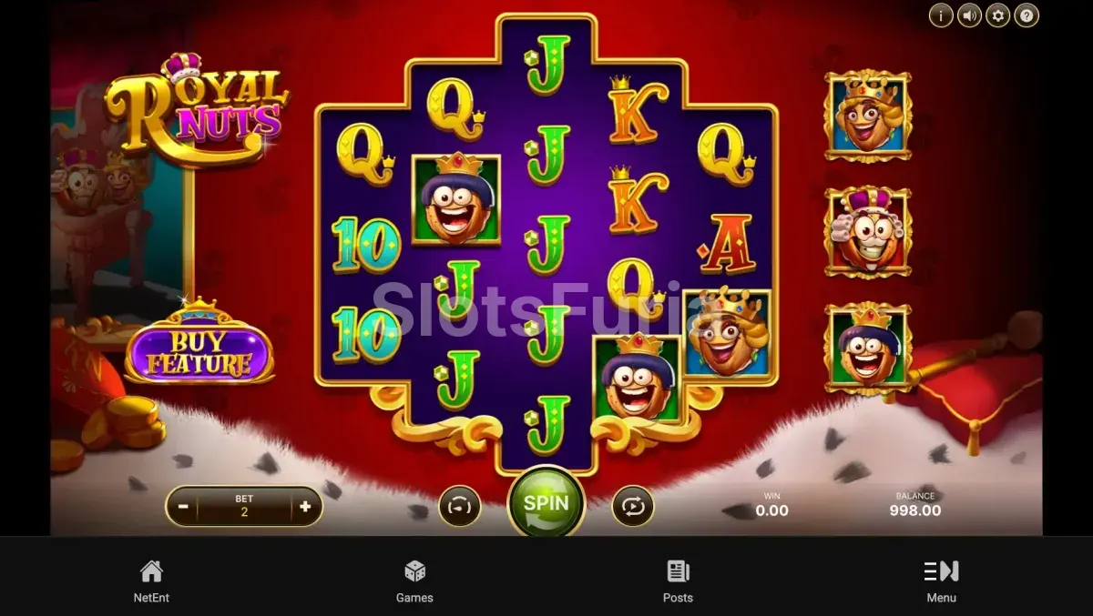 Pantalla principal del juego Royal Nuts con sus 5 carretes en acción
