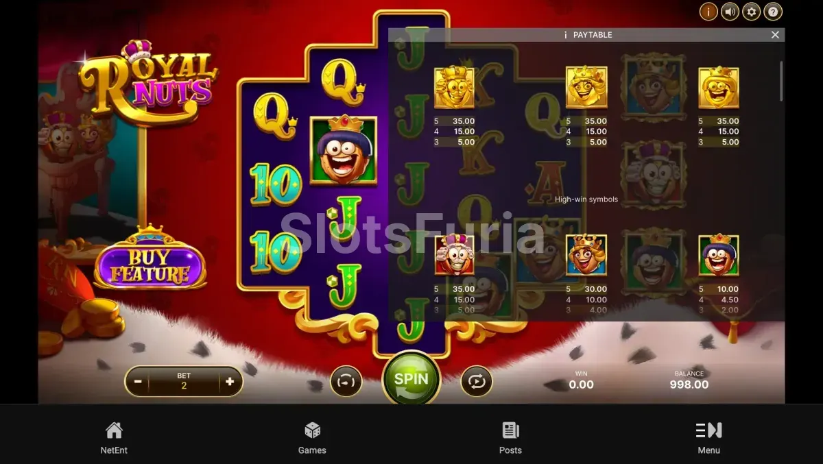 Tabla de pagos de Royal Nuts con todos los símbolos y multiplicadores