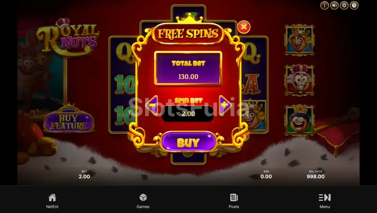 Menú de compra de bonus en Royal Nuts con las opciones disponibles