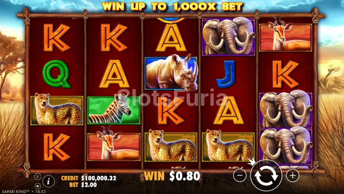 Pantalla principal del juego Safari King con los animales de la sabana