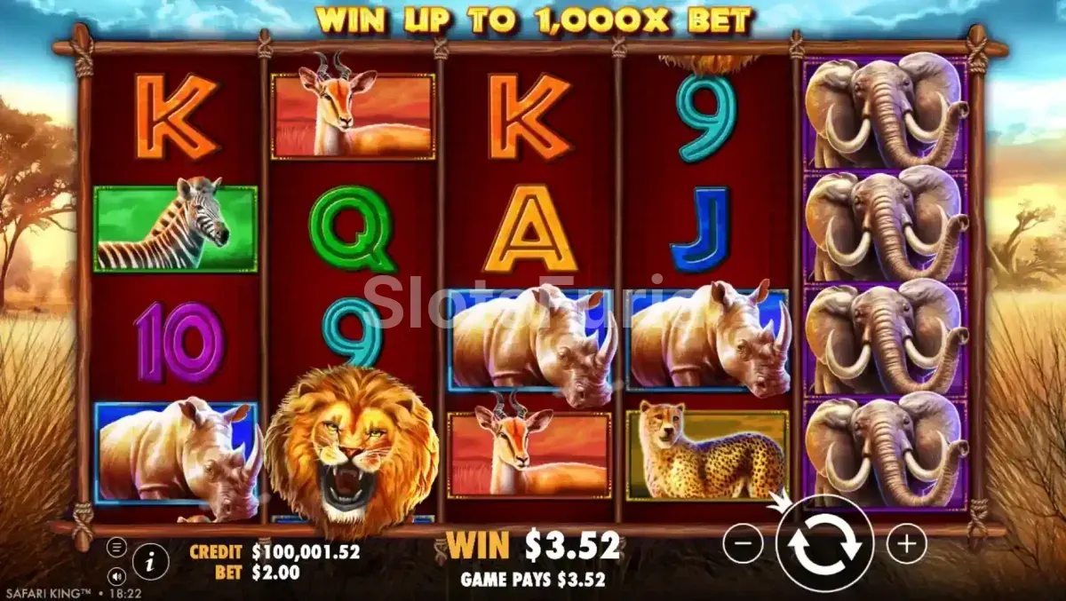 Juego base de Safari King mostrando los símbolos animales en acción
