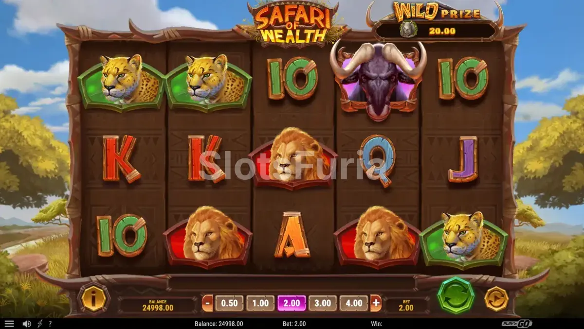 Pantalla principal de Safari of Wealth con la sabana africana de fondo