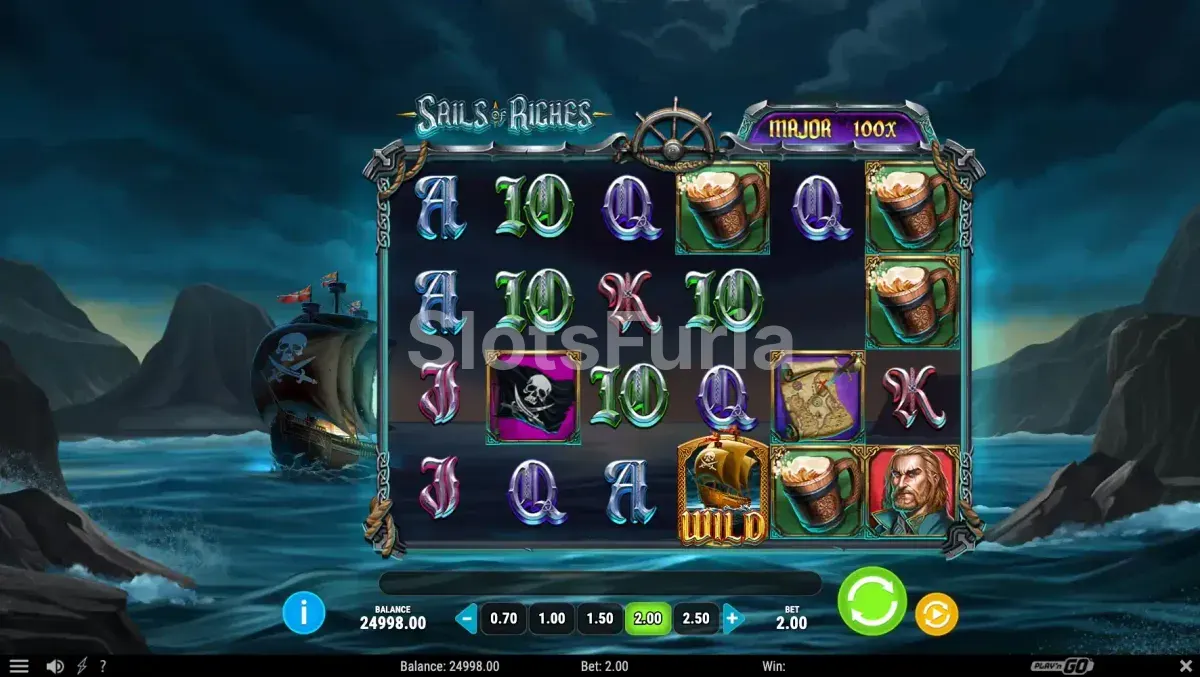 Pantalla principal de Sails of Riches con el barco pirata en la noche