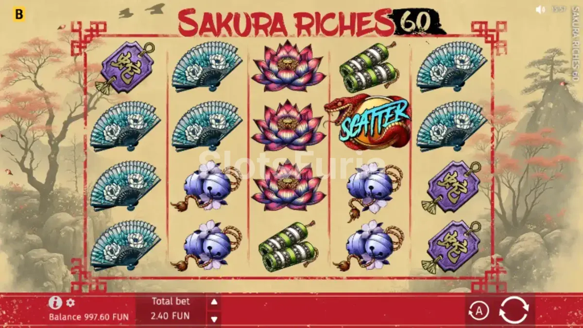 Pantalla principal de Sakura Riches 60 con los cerezos en flor