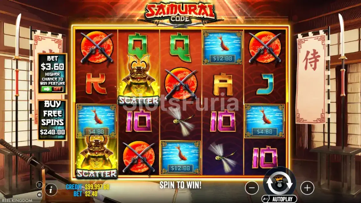 Pantalla principal de Samurai Code con su tablero de 5 rodillos
