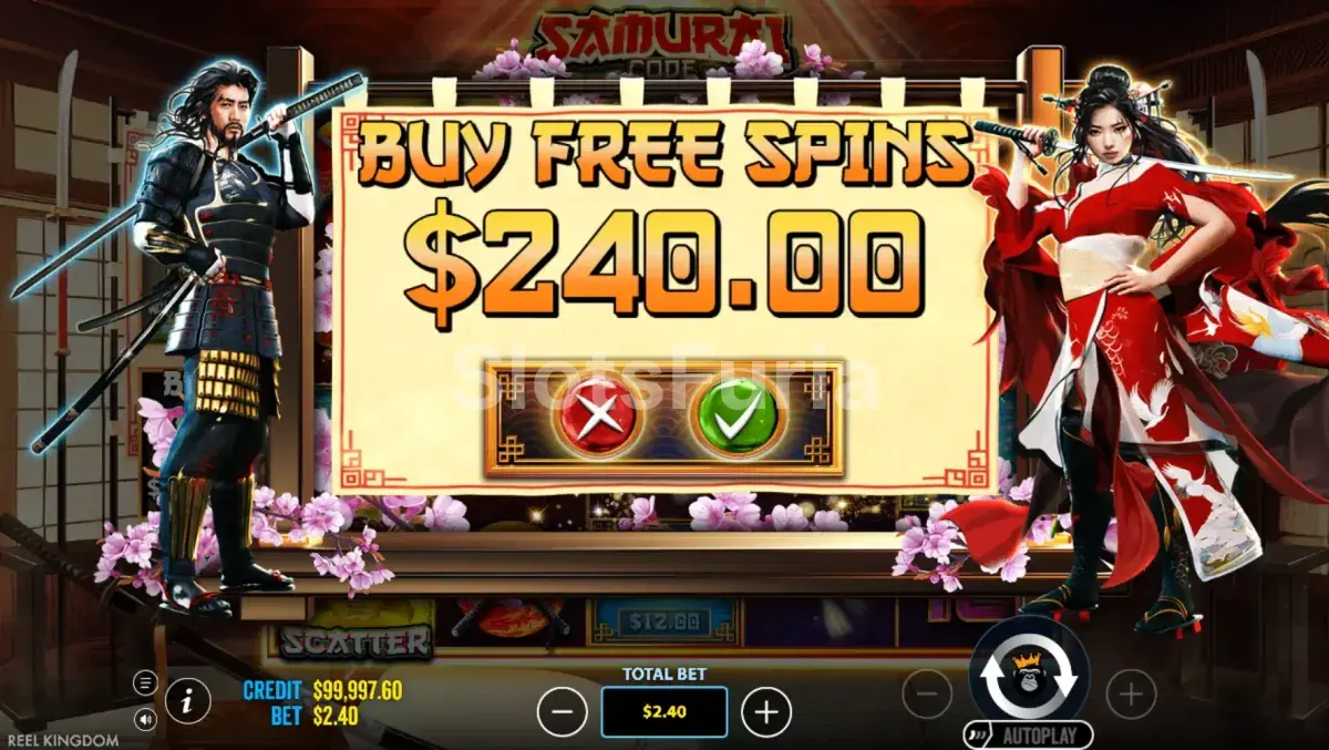 Pantalla de compra de bonus en Samurai Code con opciones disponibles