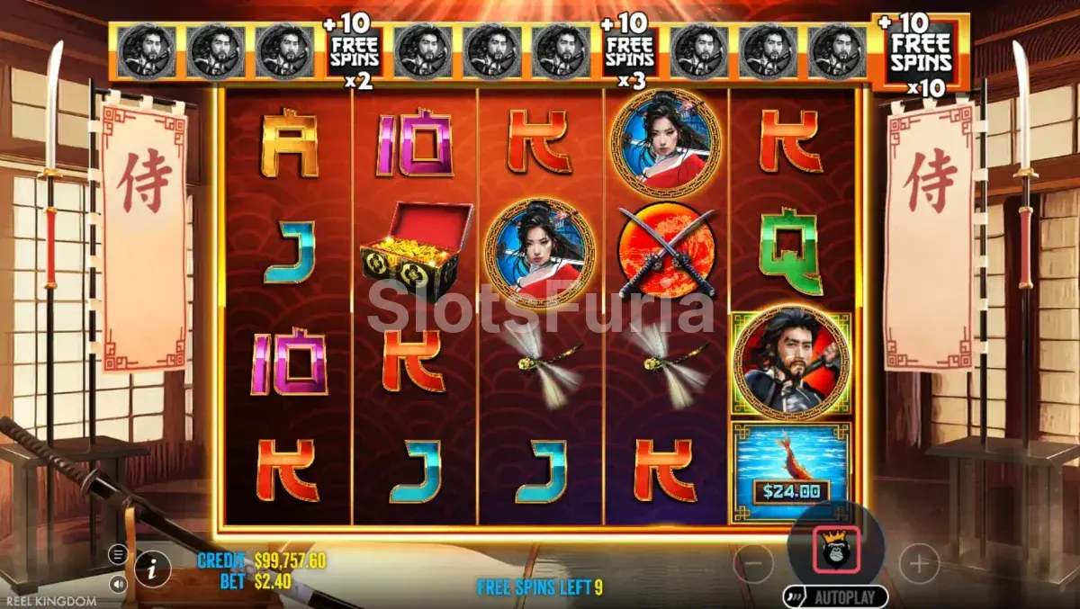 Ronda de giros gratis activada en Samurai Code con comodines acumulados