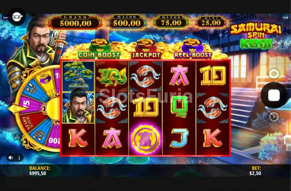 Pantalla principal de Samurai Spin Kenji con los rodillos en acción