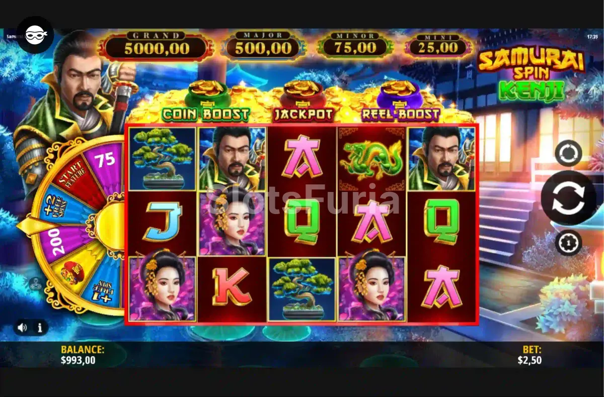 Segunda vista del juego base de Samurai Spin Kenji mostrando combinaciones ganadoras