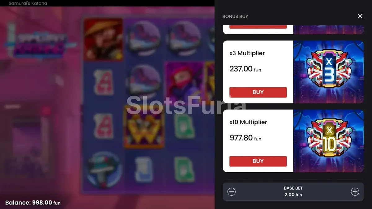 Menú de compra de bonus en Samurai's Katana