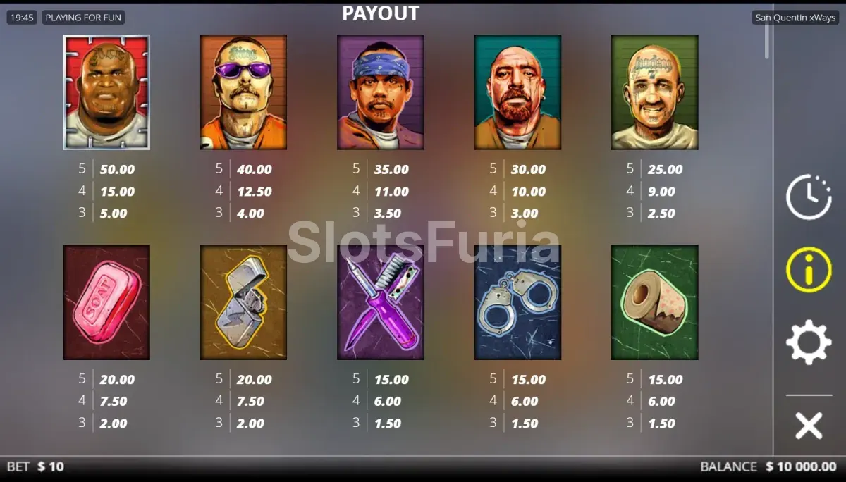 Tabla de pagos y símbolos de San Quentin xWays