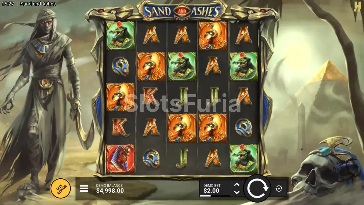 Pantalla principal del juego Sand And Ashes con su cuadrícula 5x5
