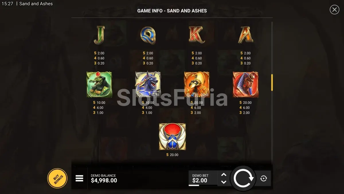 Tabla de pagos de la slot Sand And Ashes con todos los símbolos