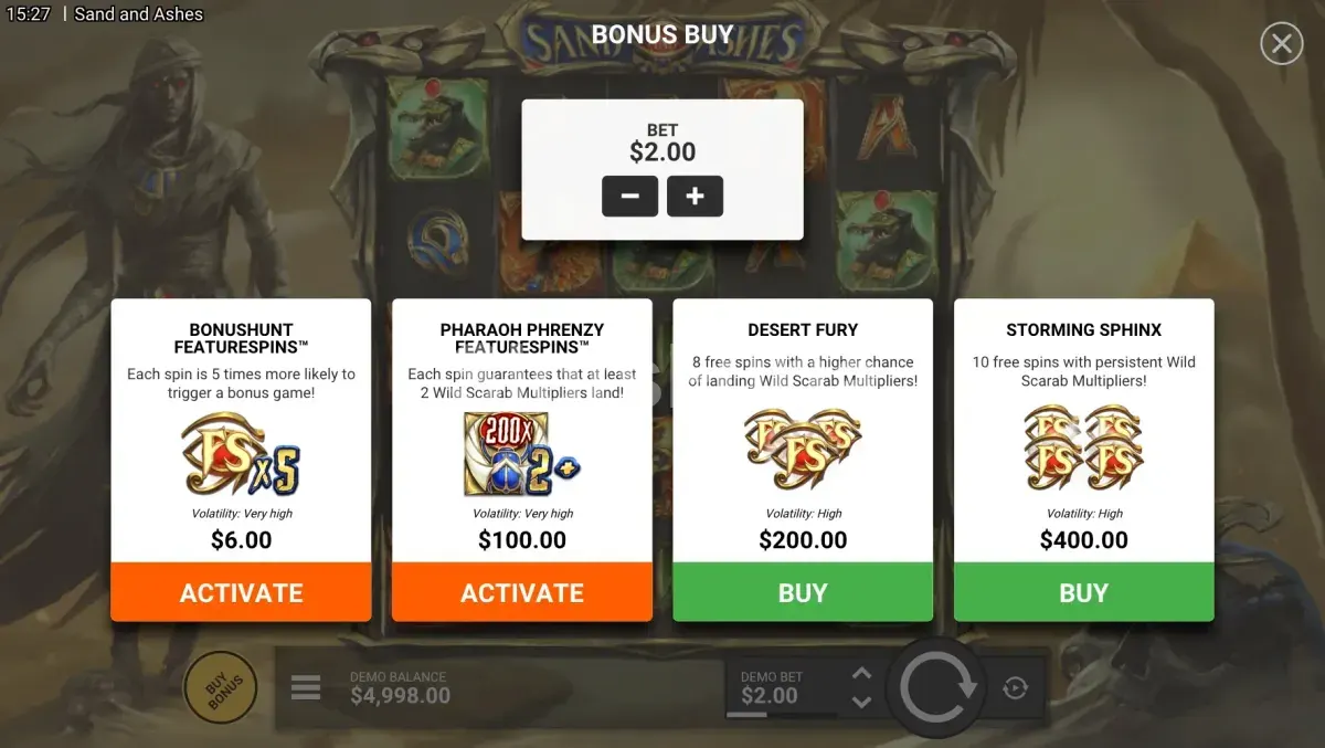 Opciones de compra de bonos disponibles en Sand And Ashes