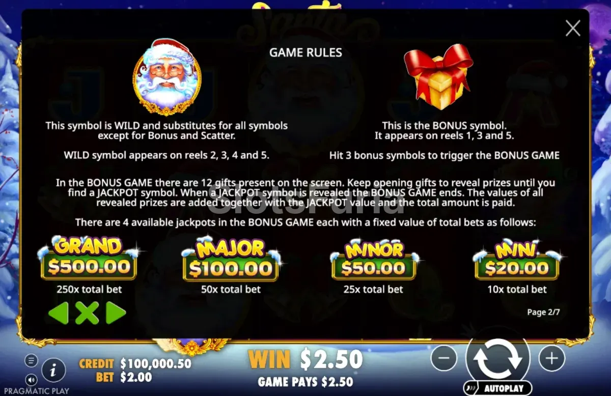 Reglas del juego de Santa en la pantalla de información