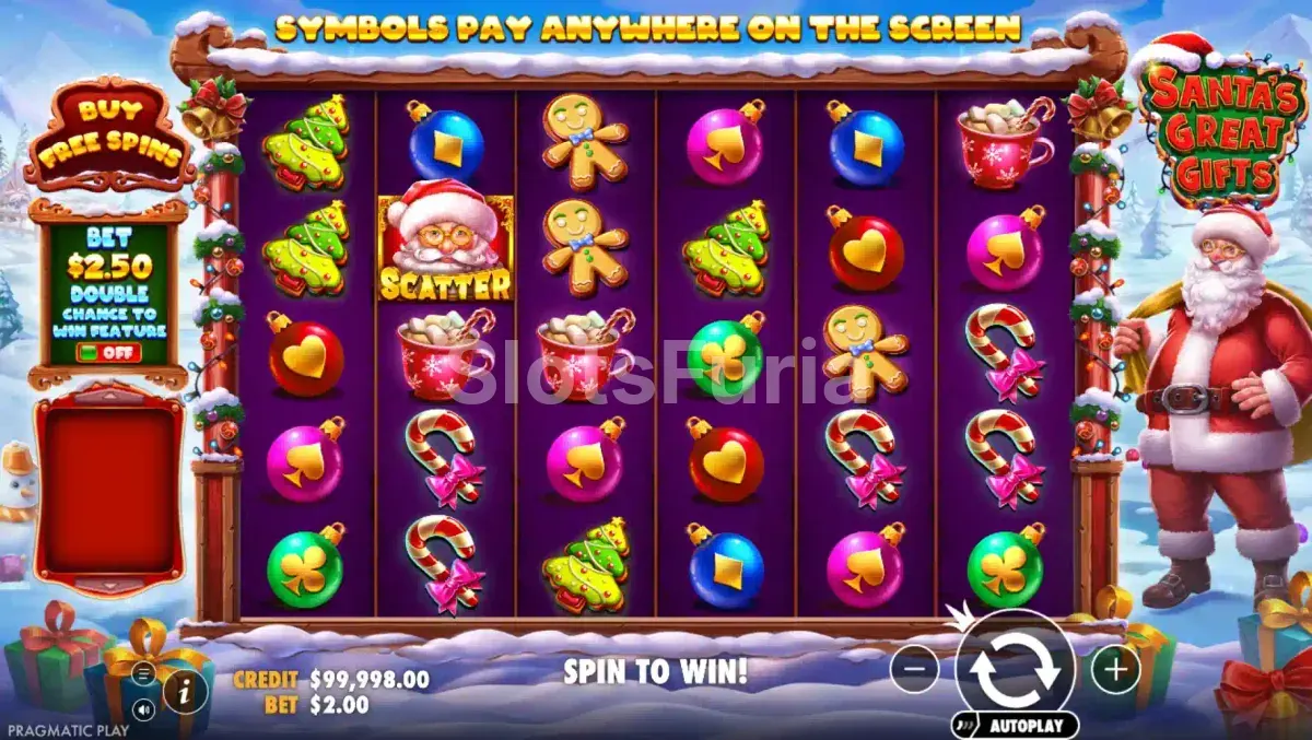 Juego base de Santa's Great Gifts con cuadrícula de 6x6 y símbolos navideños