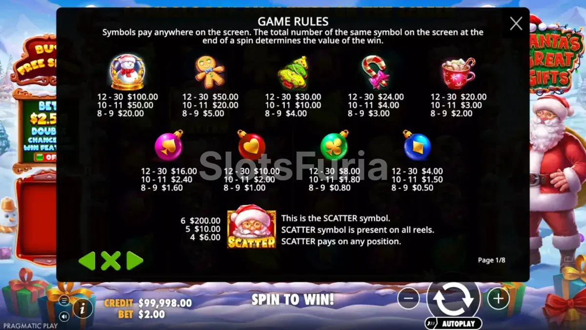 Tabla de pagos de Santa's Great Gifts mostrando símbolos y multiplicadores