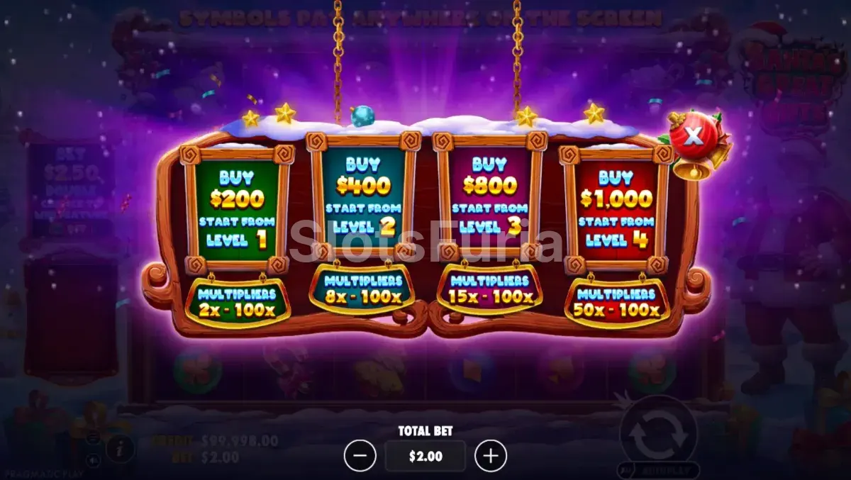 Menú de compra de bonus de Santa's Great Gifts con las cuatro opciones de nivel