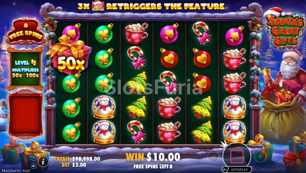 Tiradas gratuitas de Santa's Great Gifts en el nivel 3 con multiplicadores activos