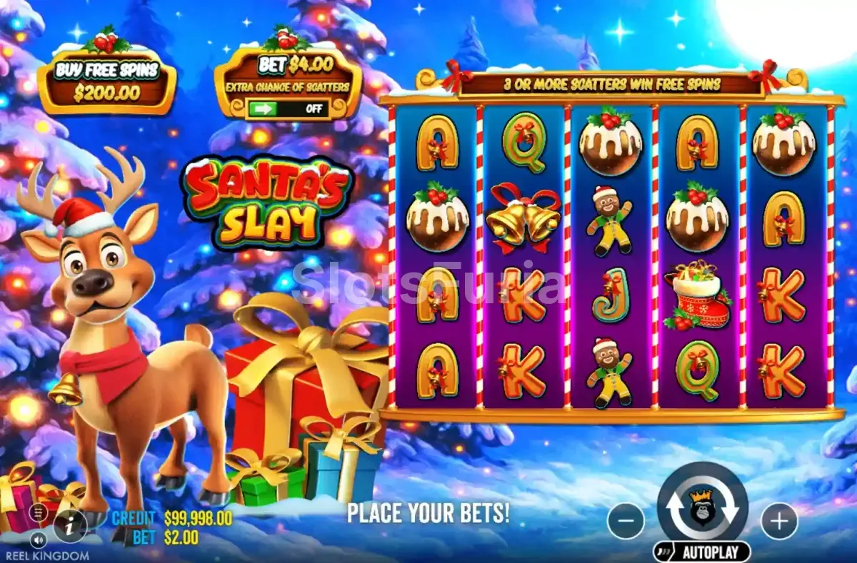 Pantalla principal del juego Santa's Slay con sus 5 rodillos