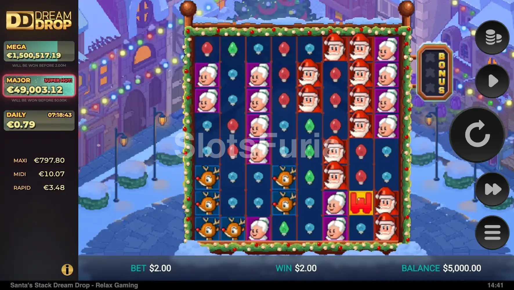 Vista del juego base de Santa's Stack Dream Drop con su cuadrícula 8x8 nevada