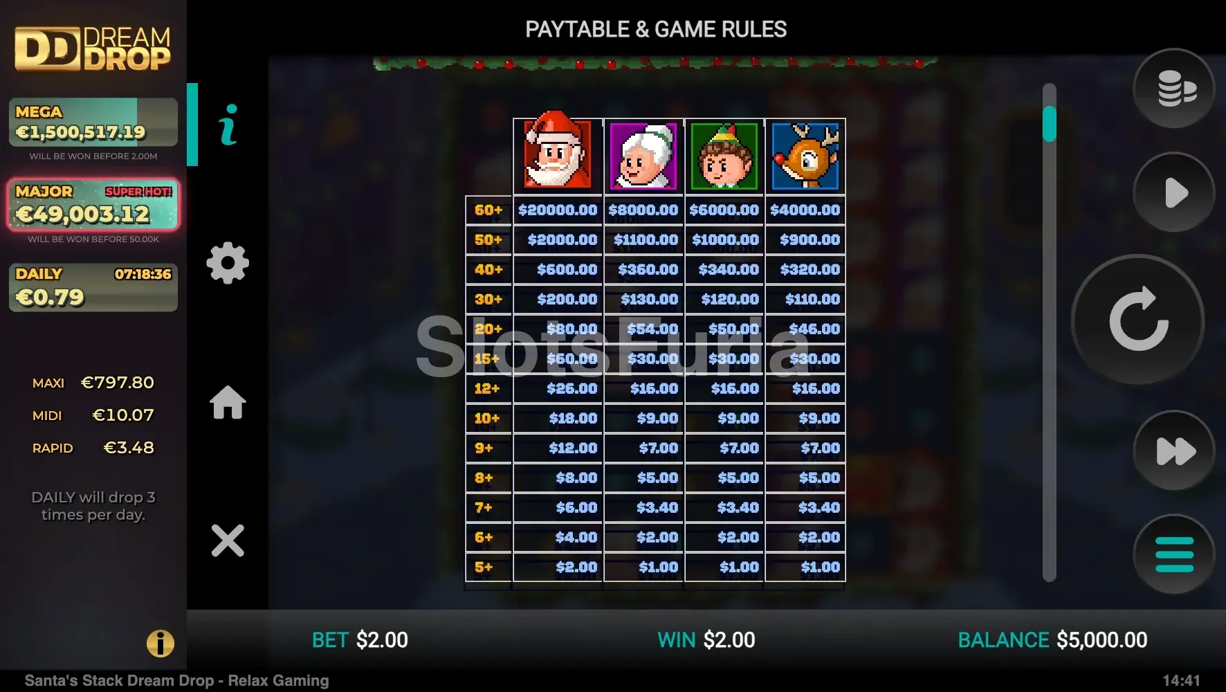Tabla de pagos de Santa's Stack Dream Drop con todos los símbolos y multiplicadores
