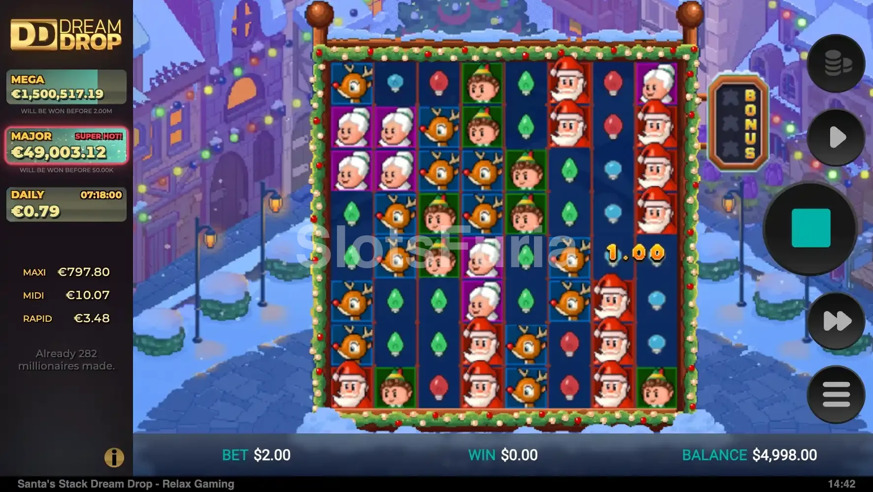 Función de giros gratuitos activa en Santa's Stack Dream Drop con wilds garantizados
