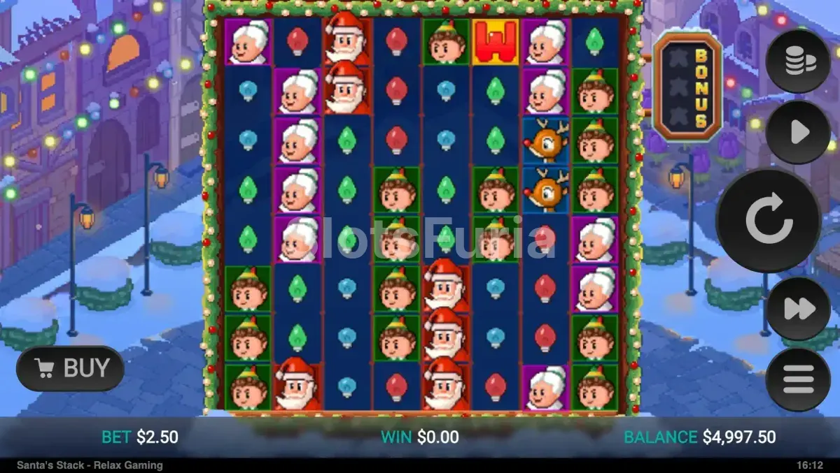 Pantalla principal de Santa's Stack con la cuadrícula 8x8 llena de símbolos navideños