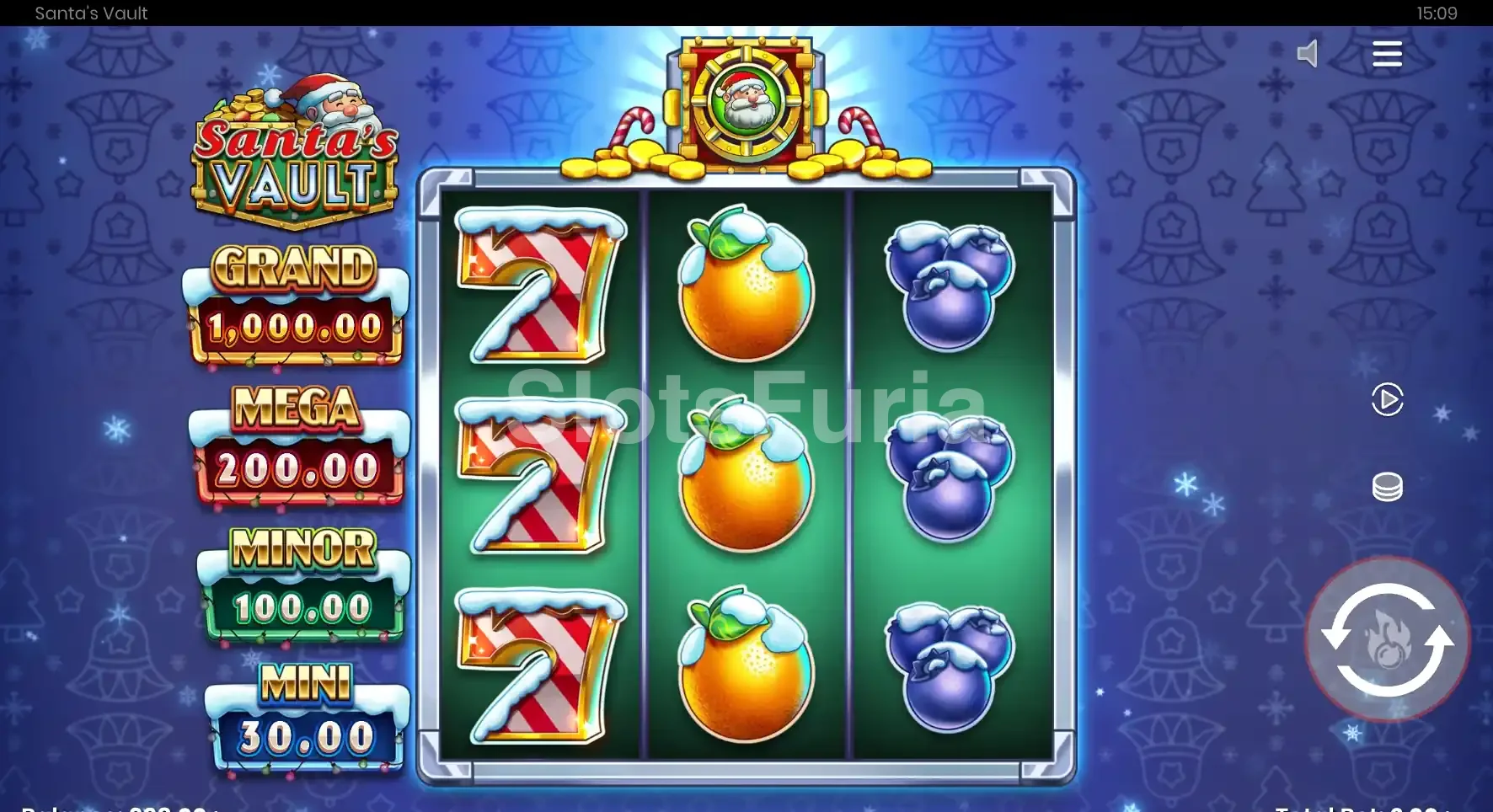 Pantalla principal del juego base de Santa's Vault con los tres rouleaux activos
