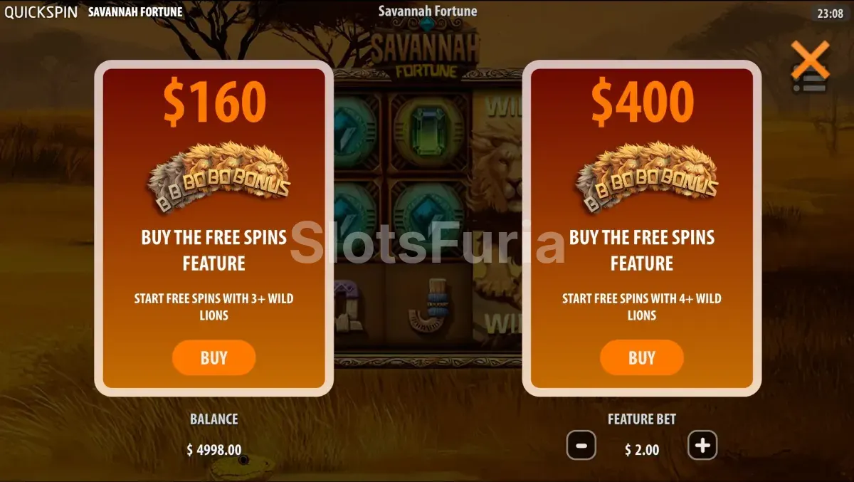 Pantalla de compra de bonus de Savannah Fortune con las dos opciones disponibles