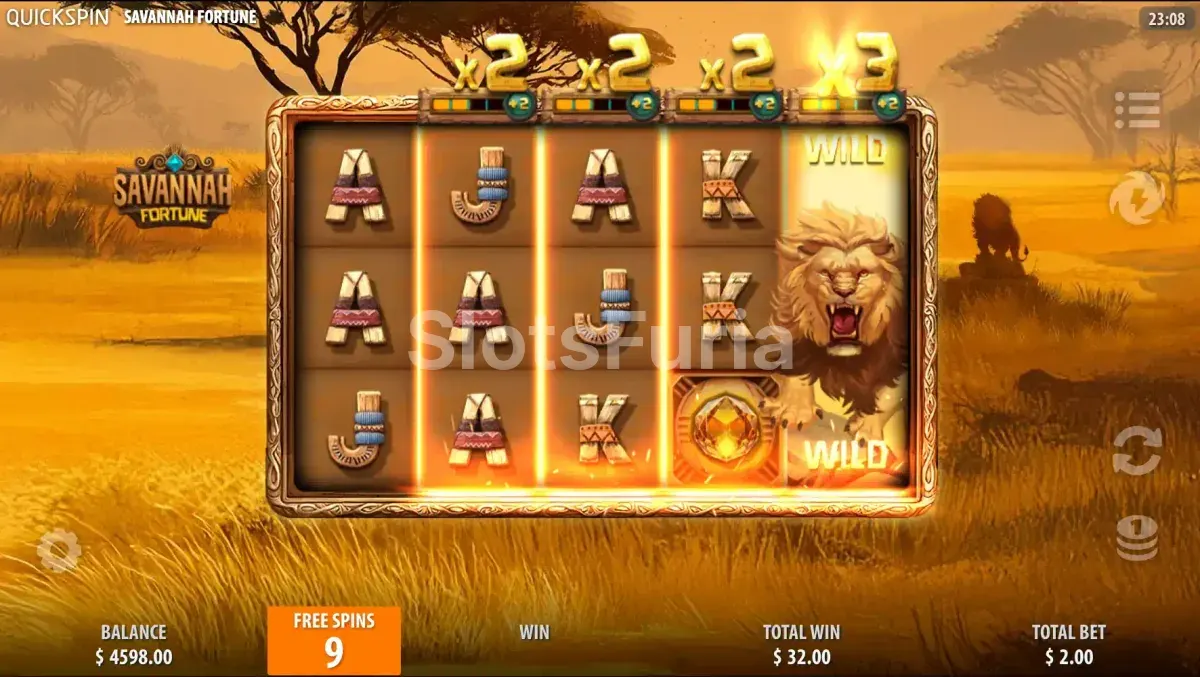 Ronda de giros gratuitos de Savannah Fortune con los Hunting Reels activos y multiplicadores