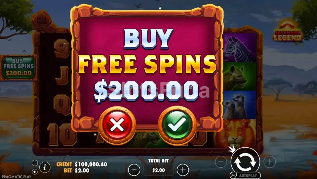 Pantalla de compra de bonus en Savannah Legend por 100x la apuesta