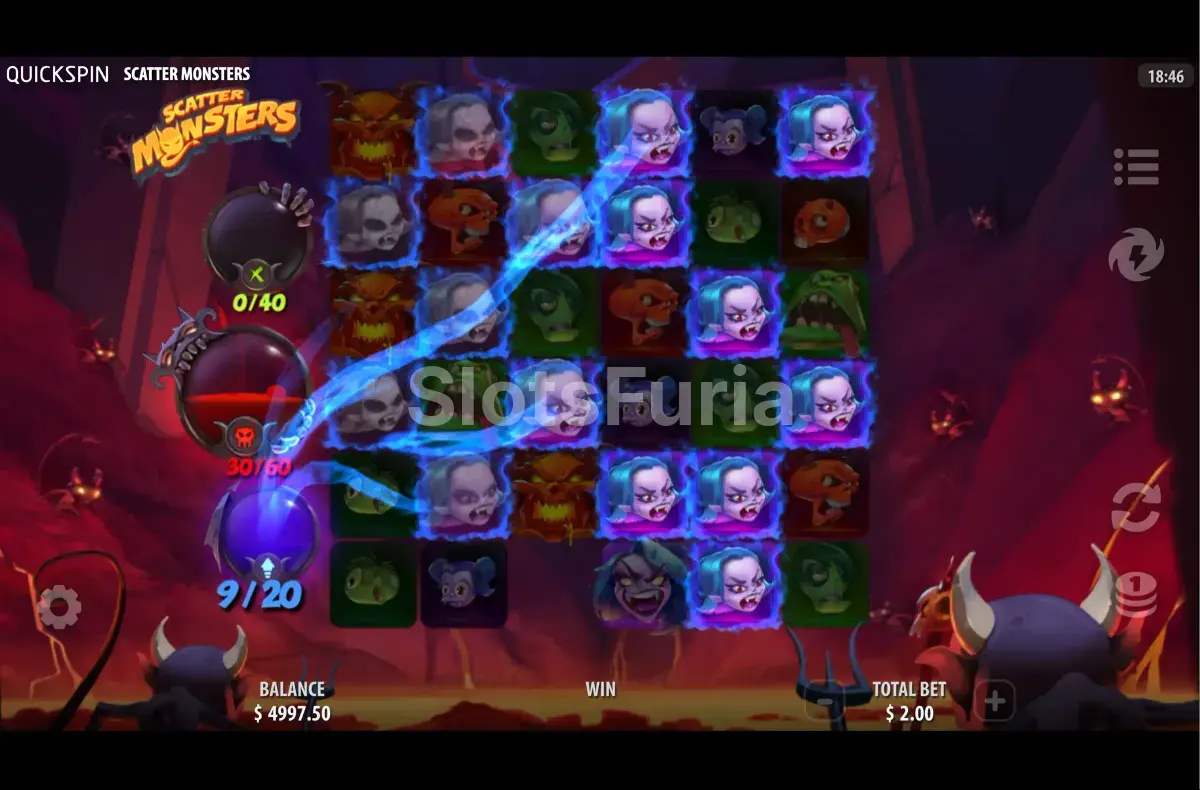 Segunda vista del juego base de Scatter Monsters mostrando mecánicas de bonificación
