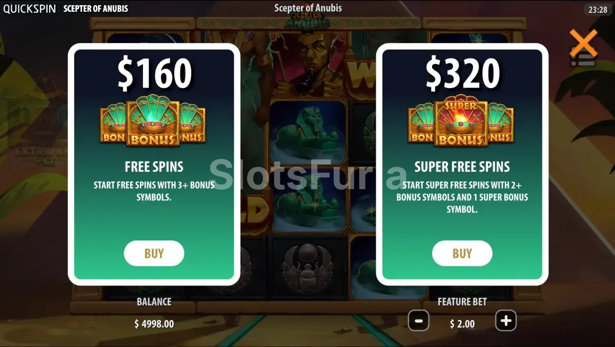 Pantalla de compra de bonos de Scepter of Anubis con las dos opciones disponibles