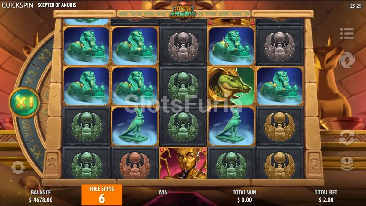Modo de tiradas gratuitas activo en Scepter of Anubis con wilds pegajosos