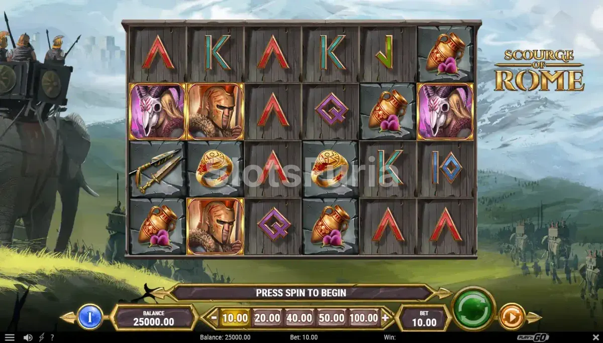 Pantalla principal del juego Scourge of Rome con los rodillos en acción