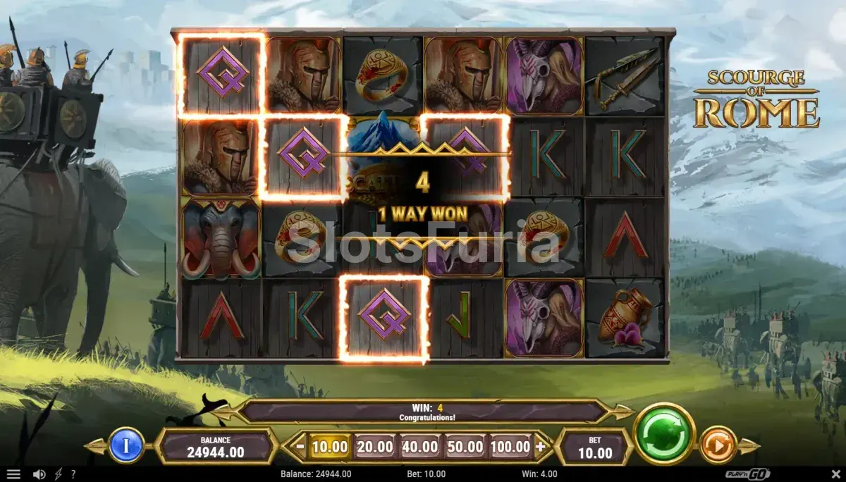 Resultado de un giro en Scourge of Rome mostrando combinación ganadora con elefantes
