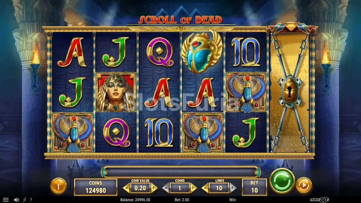 Ronda de giros gratuitos de Scroll of Dead con el sexto carrete activo