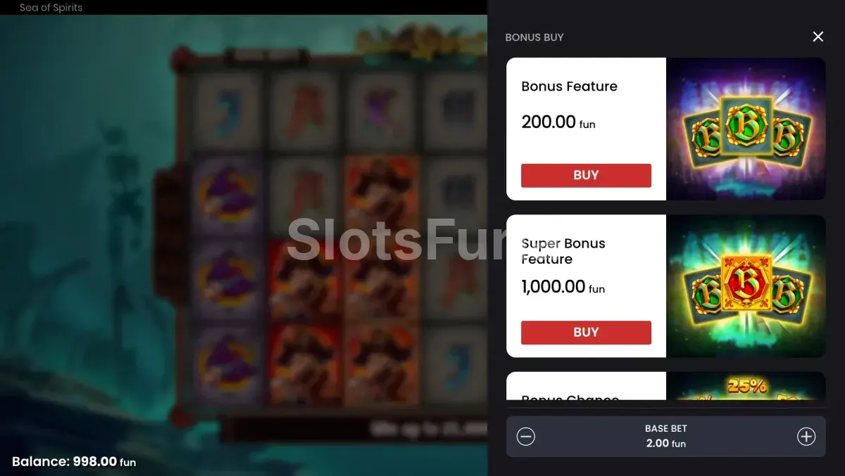 Menú de compra de bonus disponibles en Sea of Spirits