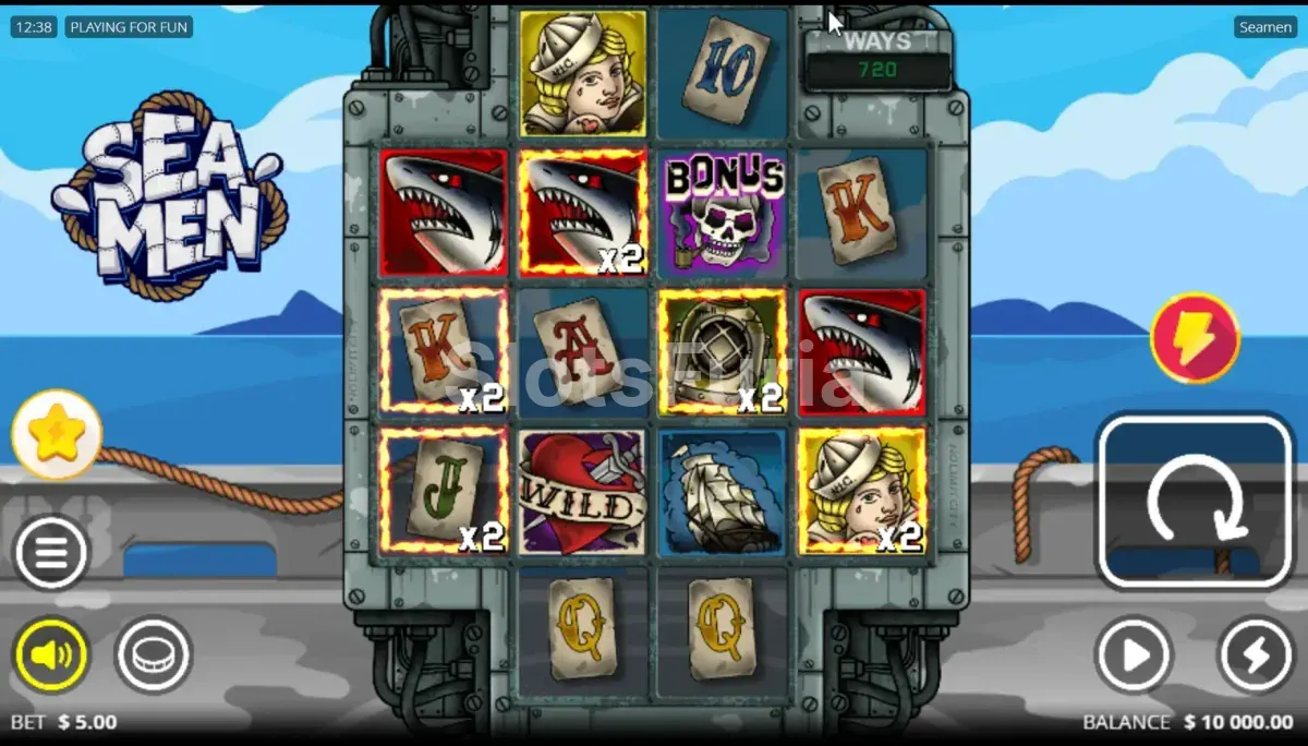 Pantalla principal del juego Seamen con los 4 carretes y el océano de fondo