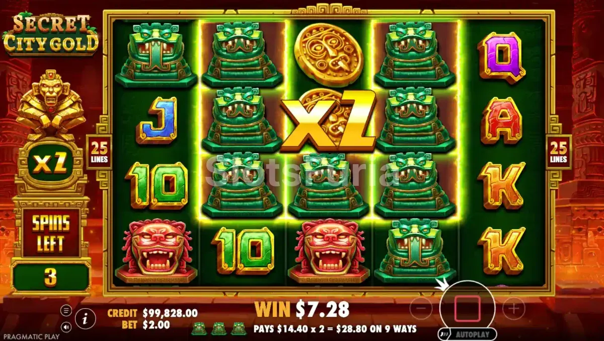 Pantalla de tiradas gratis activadas en Secret City Gold