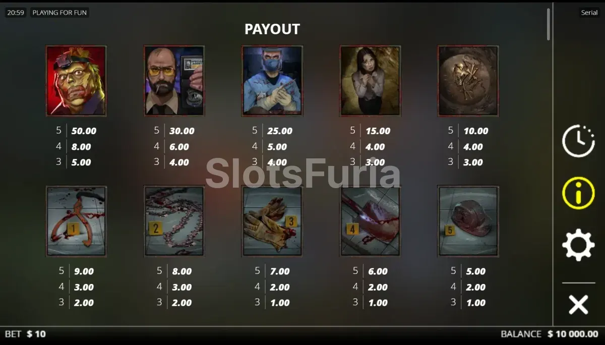 Tabla de pagos de Serial con símbolos y premios