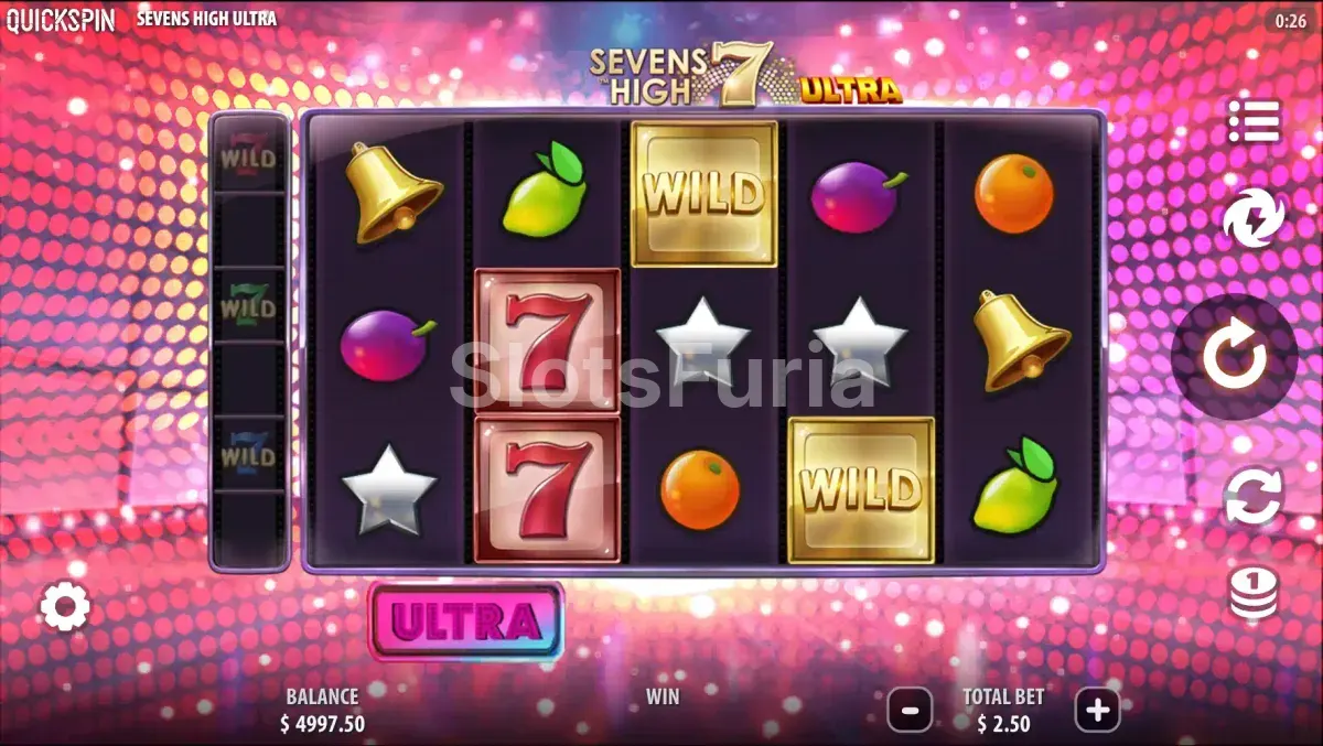 Pantalla principal de Sevens High Ultra con los rodillos clásicos de frutas y sietes