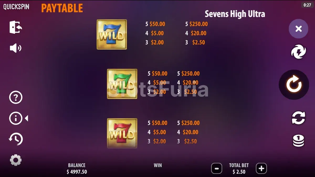 Tabla de pagos de Sevens High Ultra con valores de símbolos en ambos modos